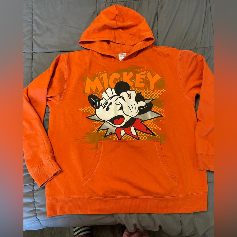 Disney Mickey Mouse Orange Pullover Hoodie Size Large